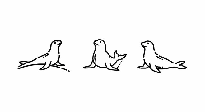 Playful cartoon sea lions in various sitting poses.