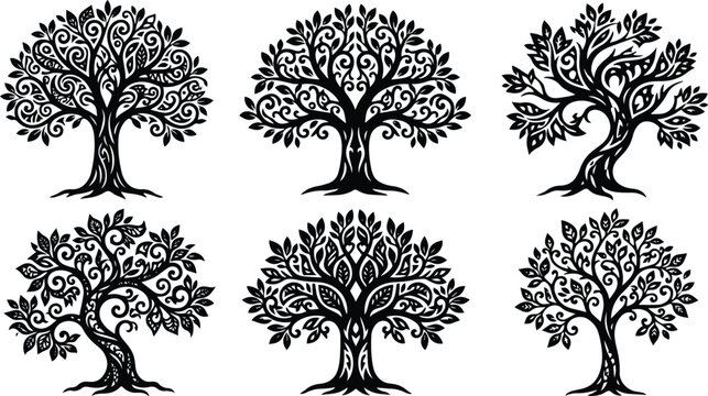 Decorative tree silhouettes with ornate swirl patterns, set of 6 black vector tree icons, stylized nature elements for organic branding and logo design isolated on White Background