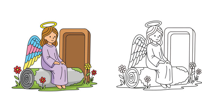 Easter Angel Sitting on the Rolled Stone of the Empty Tomb Illustration with Coloring Page Version for Kids Sunday School Activities and Christian Bible Story Education