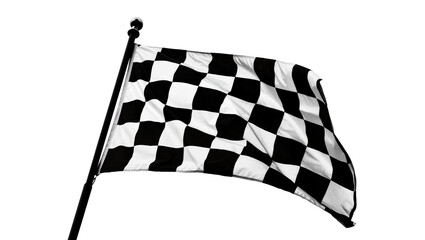 Fototapeta premium Black and white checkered racing flag waving on pole, isolated on transparent background