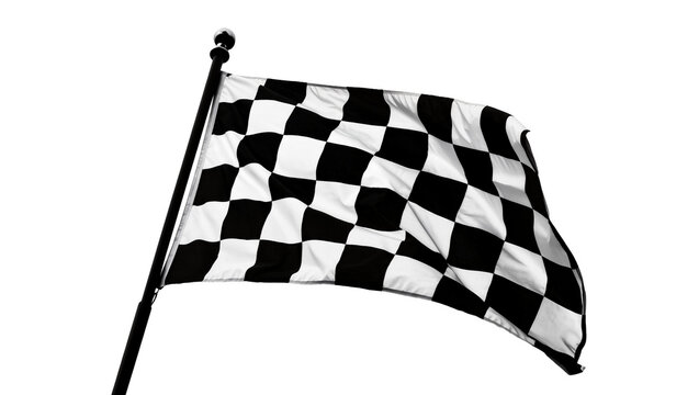 Black and white checkered racing flag waving on pole, isolated on transparent background