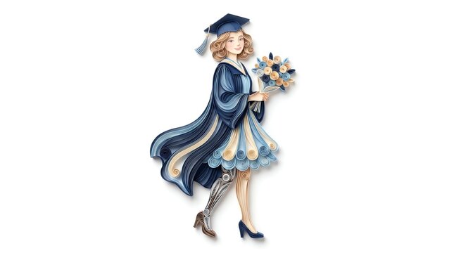 Paper quilling illustration of elegant female graduate with prosthetic leg holding flower bouquet on white background