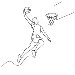 One line drawing of basketball player jumping for slam dunk action pose one line drawing © Pakpong