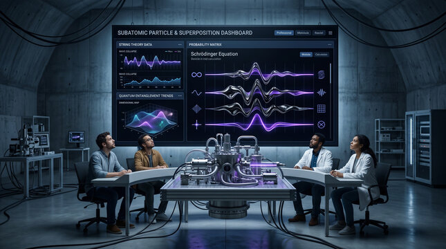 Four theoretical physicists seated around a quantum cooling core prototype analyzing a massive subatomic particle and superposition digital dashboard in a futuristic subterranean laboratory