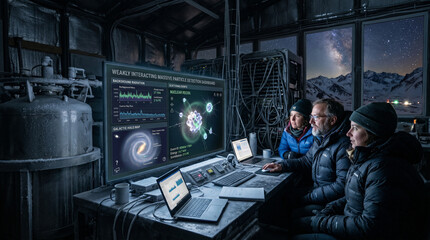Naklejka premium Three astrophysicists in winter gear monitor a dark matter detection dashboard in a frost-covered high altitude observatory with a view of the Milky Way and snowy mountains.