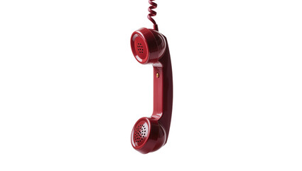Crimson red vintage telephone handset with coiled cord, isolated on transparent background
