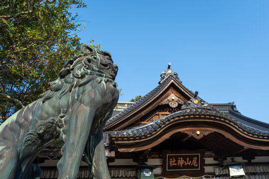 Statue and roof of Oyama-Jinja Shrine in Kanazawa, Japan