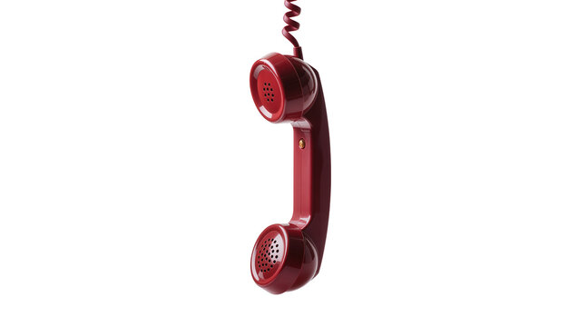 Crimson red vintage telephone handset with coiled cord, isolated on transparent background