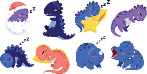Cute sleeping baby dinosaur cartoon character set with funny dino monsters napping on pillows hatching from egg for nursery room decoration vector illustration © MdMahfizur