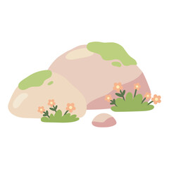 Large mossy mountain boulder rock with small pink flowers game asset flat vector illustration © ImamSetia