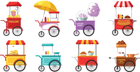 Amusement park food cart set with retro street vendor kiosks selling popcorn hot dogs cotton candy roasted nuts and fast snacks vector illustration © MdMahfizur
