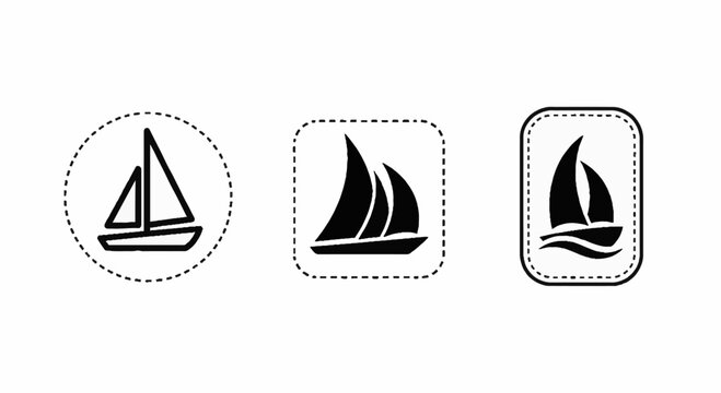 Three Distinct Black and White Sailboat Icons Set.