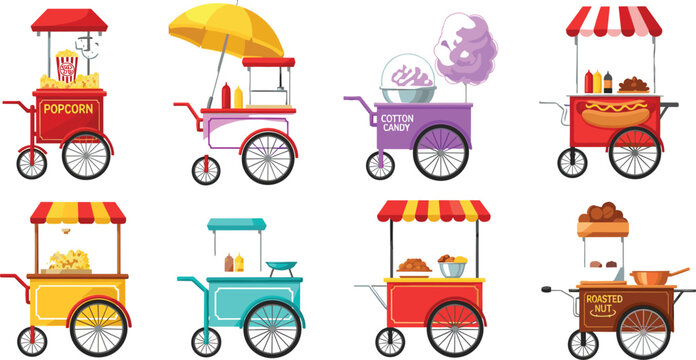 Amusement park food cart set with retro street vendor kiosks selling popcorn hot dogs cotton candy roasted nuts and fast snacks vector illustration