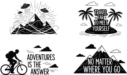 Travel and adventure themed vector illustration with mountains cyclist and ufo © AhsanunNahar