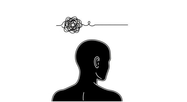 A silhouette of a person with a thought bubble above their head, containing a complex network of lines and shapes, symbolizing ideas and thinking.