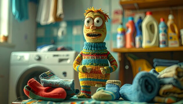Sock Puppet Delivers Motivational Speech Amidst Laundry