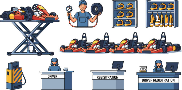 Go kart racing service station set with mechanic inflating tire car lift vehicles registration desk counter helmets rack vest uniform vector illustration