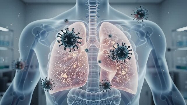 Advanced healthcare laboratory animation showing respiratory lung infection caused by hantavirus with detailed viral visualization