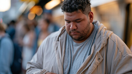 Fototapeta premium Crowded subway commuter platform where self conscious man adjusts jacket over midsection before stepping on train, everyday body image insecurity in public setting, relatable weight related self per