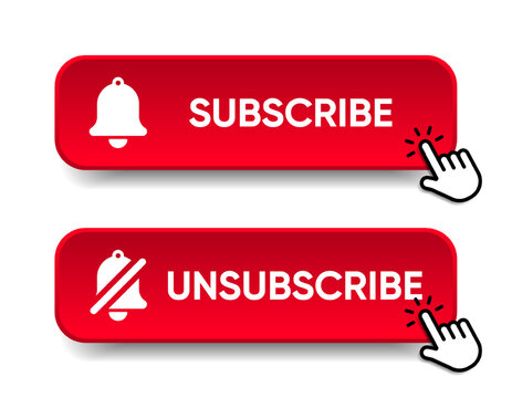 Red subscribe and unsubscribe notification button set with bell icons. click cursor and soft shadow for video channel. social media. web. mobile app. user interface and marketing vector design