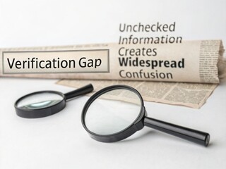 Fototapeta premium Verification Gap Concept with Magnifying Glasses and Newspaper Background