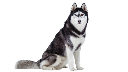 Siberian Husky dog with heterochromia, sitting attentively isolated on transparent background © Andrej