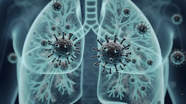 Scientific healthcare illustration of hantavirus particles invading respiratory lungs with detailed medical infection visualization