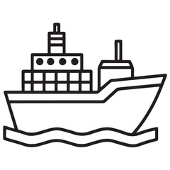 Obraz premium Cargo ship icon with container on deck and wave line at bottom transportation and logistics symbol