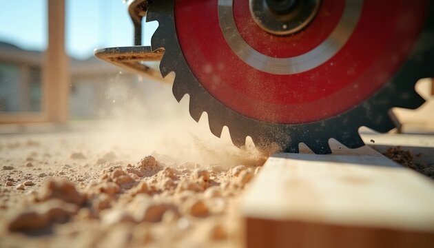 Circular saw cuts wood plank on construction site. Dust flies from powerful tool action. Daytime work with power tool, precision cutting wood material for build.