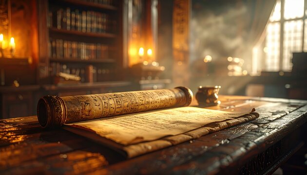 Ancient papyrus scroll unrolled on a wooden desk revealing aged text and hieroglyphs in a dimly lit library setting
