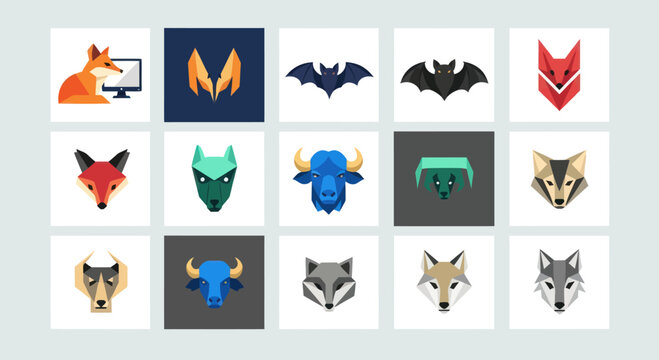 Pixel Art Animal Icons: Foxes, Wolves, Bats, and Bulls
