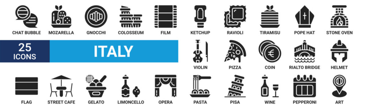 Italy icon set. Containing chat bubble, mozzarella, gnocchi, colosseum, film, ketchup, ravioli, tiramisu, pope hat and more. Glyph vector icons collection.