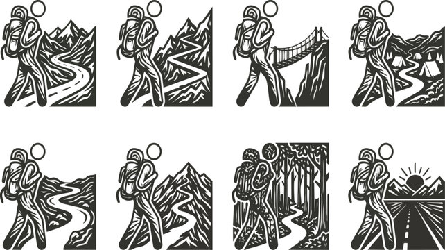 Set of eight black and white hiking icons featuring a backpacker exploring diverse mountain terrains and natural forest paths presented as a collection of professional digital art on transparent backg