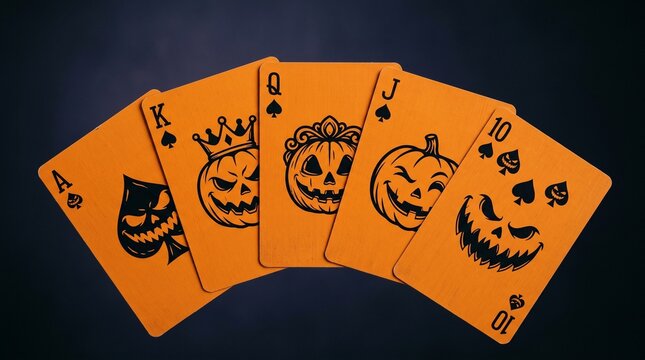 Set of orange playing cards with scary jack o lantern pumpkin faces for a halloween theme