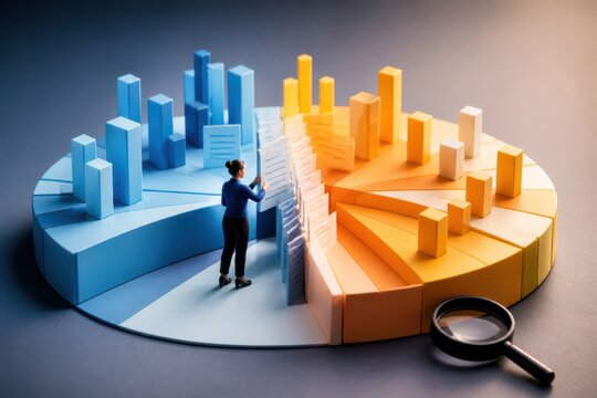 Business analytics concept with pie chart bar chart and magnifying glass for data analysis and reporting