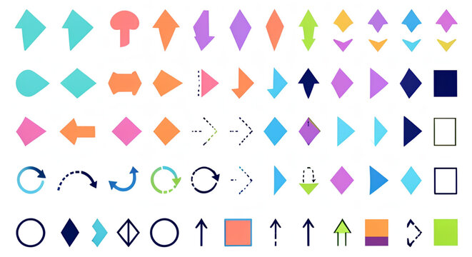 A colorful array of geometric shapes and symbols on a white background