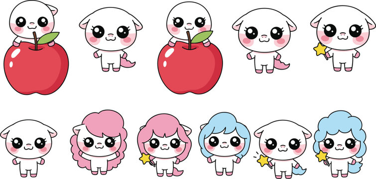 Cute kawaii unicorn cartoon character set with funny anime baby monsters sitting on red apples holding magic stars and wearing pastel hair wigs vector illustration