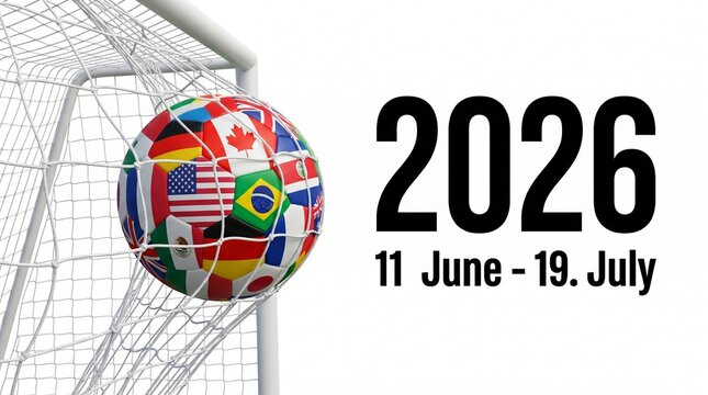Soccer ball with world flags hitting the net with 2026 championship tournament dates, global football tournament concept