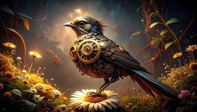Steampunk Mechanical Bird Perched on Daisy