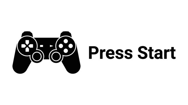 Black and white video game controller icon with Press Start text.