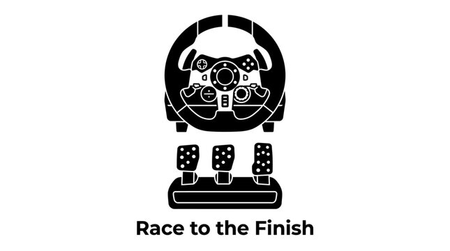 Black silhouette icon of a racing wheel and pedal set for gaming.