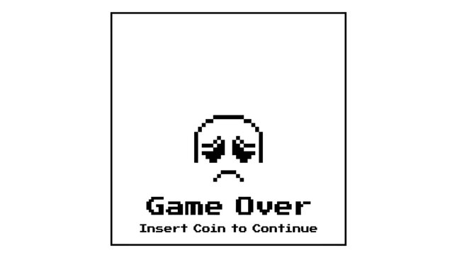 Pixel art game over screen with sad face and insert coin text.