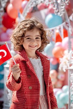 Child holds Turkish flag at celebration during daytime event in colorful setting