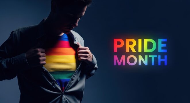 Pride Month celebration concept, man opening shirt to reveal rainbow flag colors, LGBTQ identity and empowerment hero pose on dark background