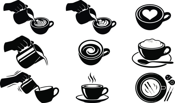 Black and white vector illustration set showcasing various barista techniques pouring steamed milk into coffee cups to create beautiful latte art designs for professional cafe branding projects on tra