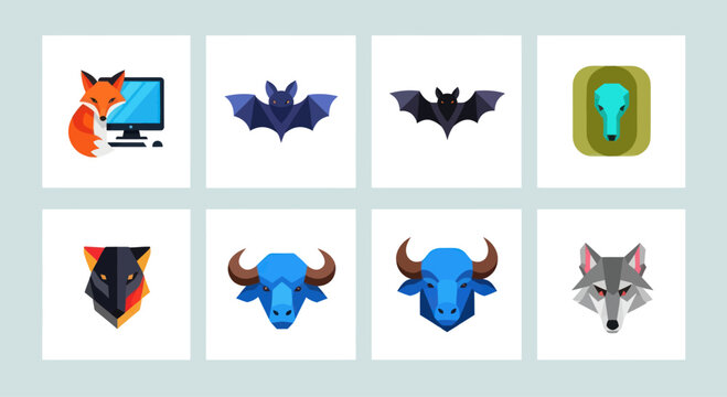 Set of low poly animal icons: fox, bats, wolf, buffalo, dog head