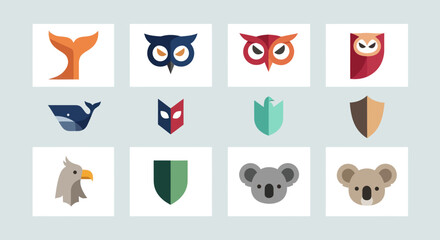 Fototapeta premium Vector Icons: Animals, Shields, and Abstract Shapes Set