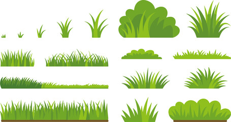 Green Grass and Bush Border Vector Set with Fresh Lawn Tufts Clumps and Shrub Tufts for Summer Garden Nature Landscape Game Environment Graphic Designs © MstBobita