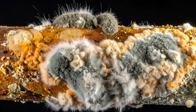 Fuzzy mold and caterpillars on a decaying branch, close-up view.