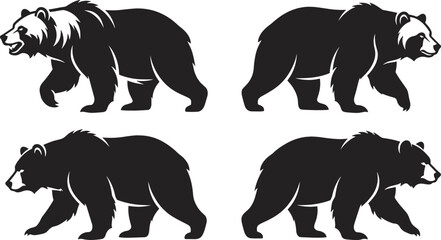 Grizzly Bear Silhouette Vector Icon Set with Walking and Stalking Wild Brown Bears for Forest Wildlife and Hunting Club Logo Design © MstBobita